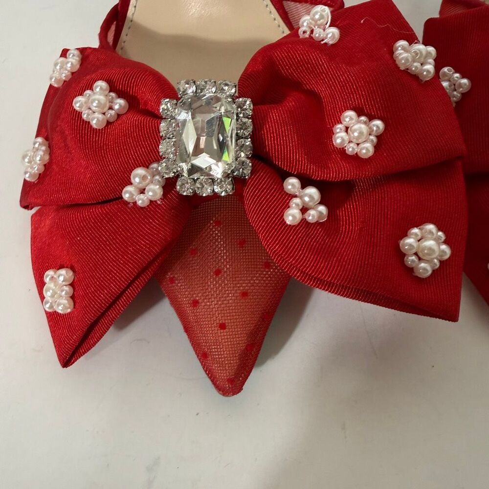 Betsey Johnson Mark Red Embellished Pearl Rhinestone Coquette Mesh Pumps Size 6 - Picture 4 of 8